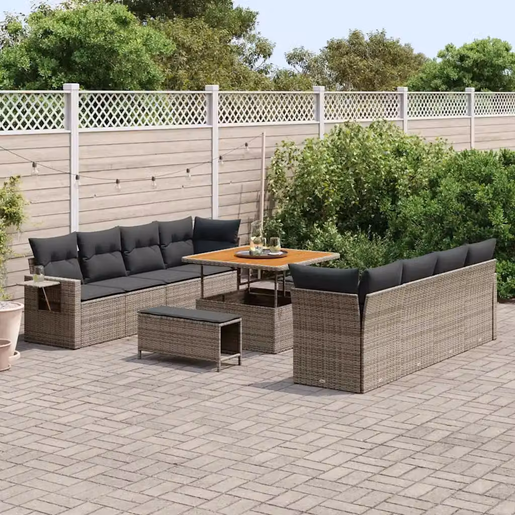Set Divano da Giardino a L vidaXL in Polyrattan Grigio con 11 Pezzi e Cuscini inclusi – 1