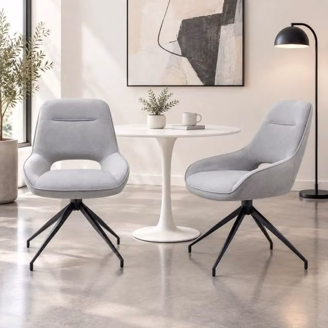 Set di 2 sedie da pranzo girevoli a 360 gradi MIVRAY in velluto grigio chiaro con braccioli e struttura in metallo nero