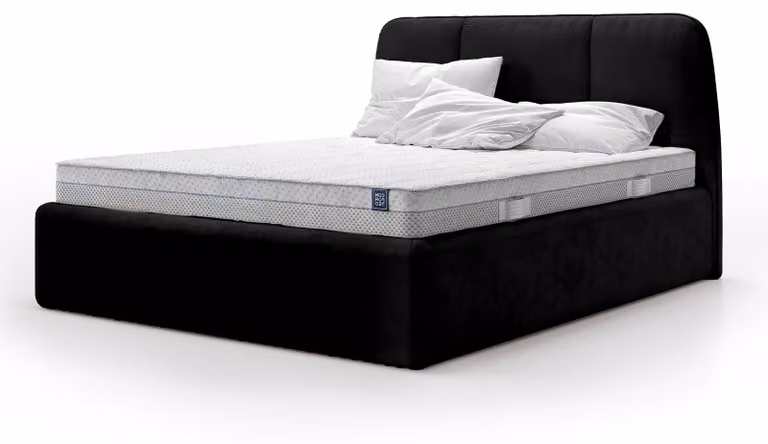 Letto imbottito con contenitore integrato, modello Elle, colore nero profondo, dimensioni 160 x 200 cm