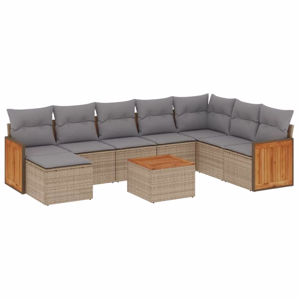 Set Divano da Giardino 9 pz con Cuscini Beige in Polyrattan