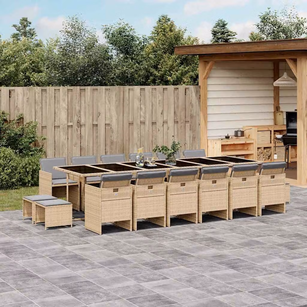 Set Pranzo da Giardino vidaXL 17 pz in Polyrattan con Cuscini Beige Misto e Tavolo in Vetro – 1