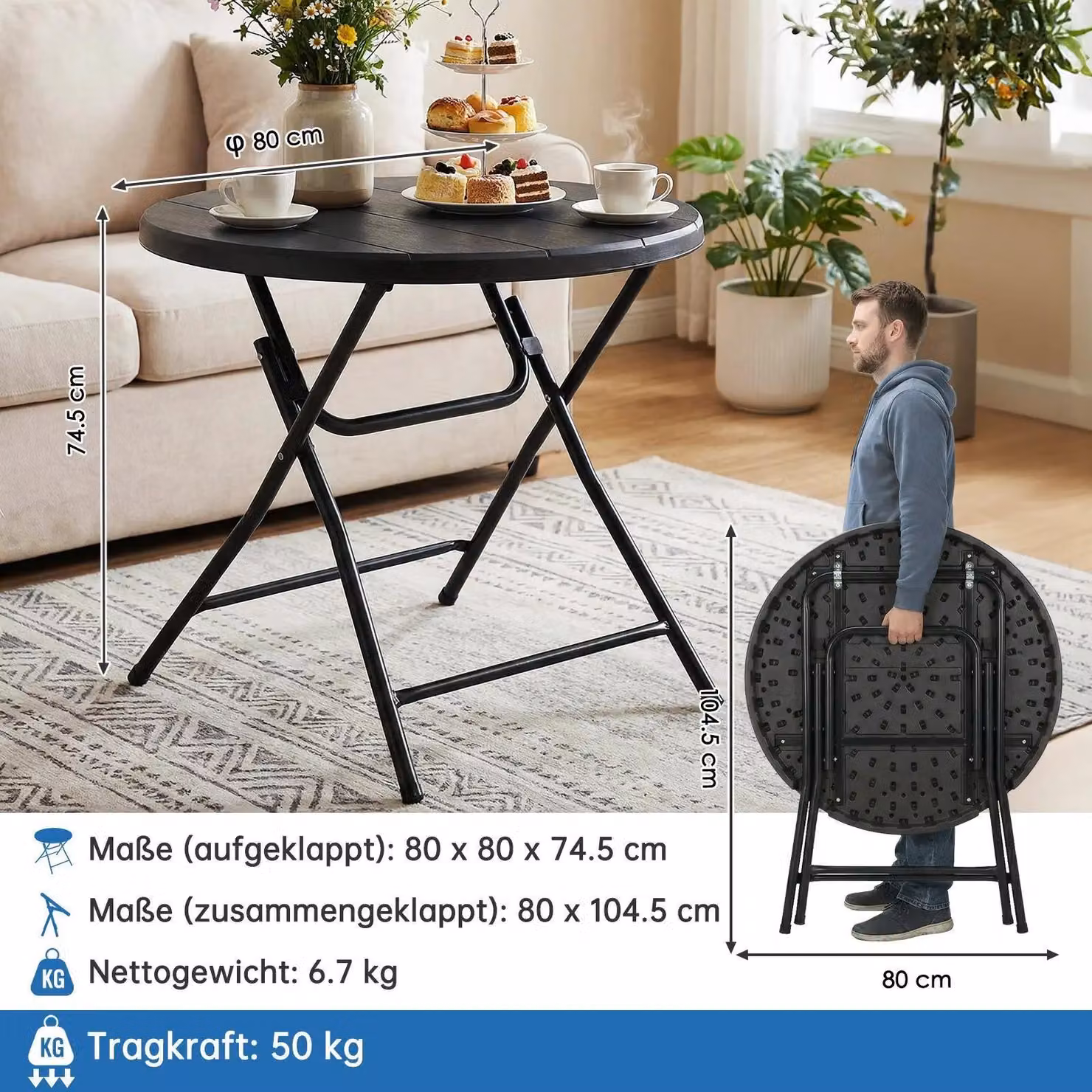 Tavolo pieghevole - Tavolo da giardino rotondo - Ø80 cm - Struttura in acciaio inossidabile - Portatile e stabile - Altezza 74 cm - Nero