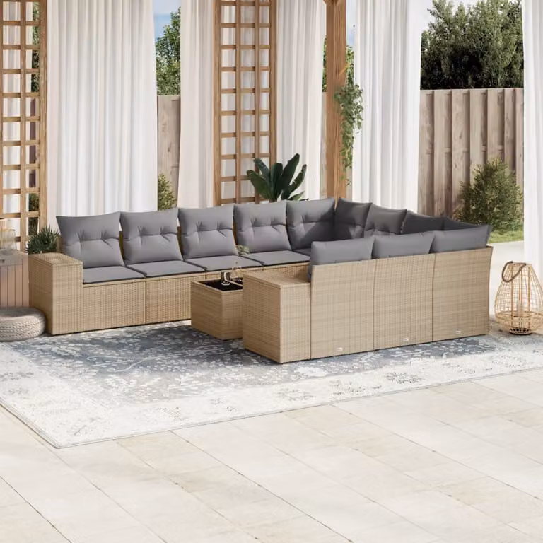 vidaXL Set Divani da Giardino 11 pz con Cuscini Beige e Grigio in Polyrattan e Acciaio