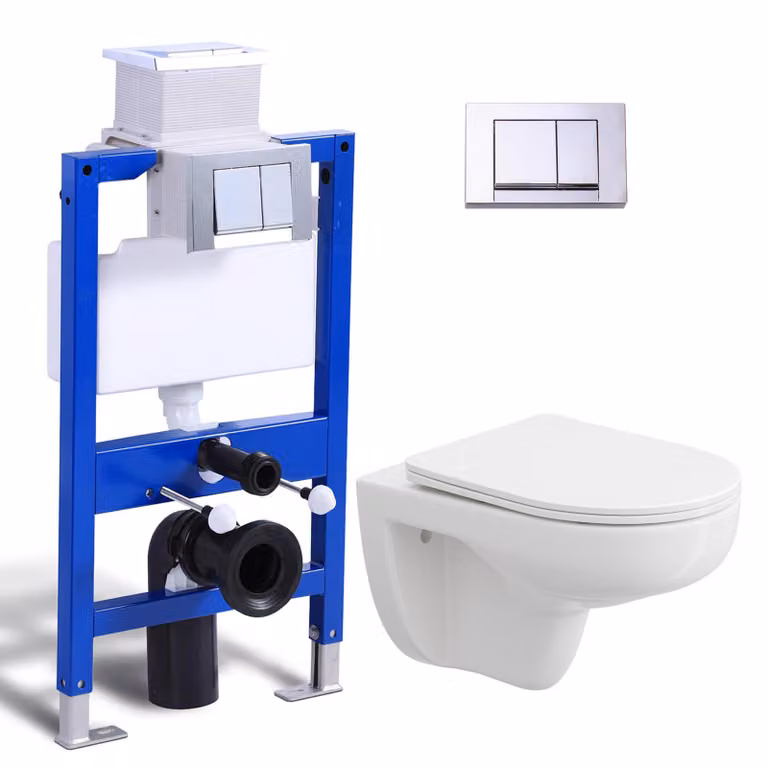 Set completo per WC a parete - cassetta di scarico da 82 cm + WC sospeso senza bordo + piastra di spinta rettangolare cromata HOROW