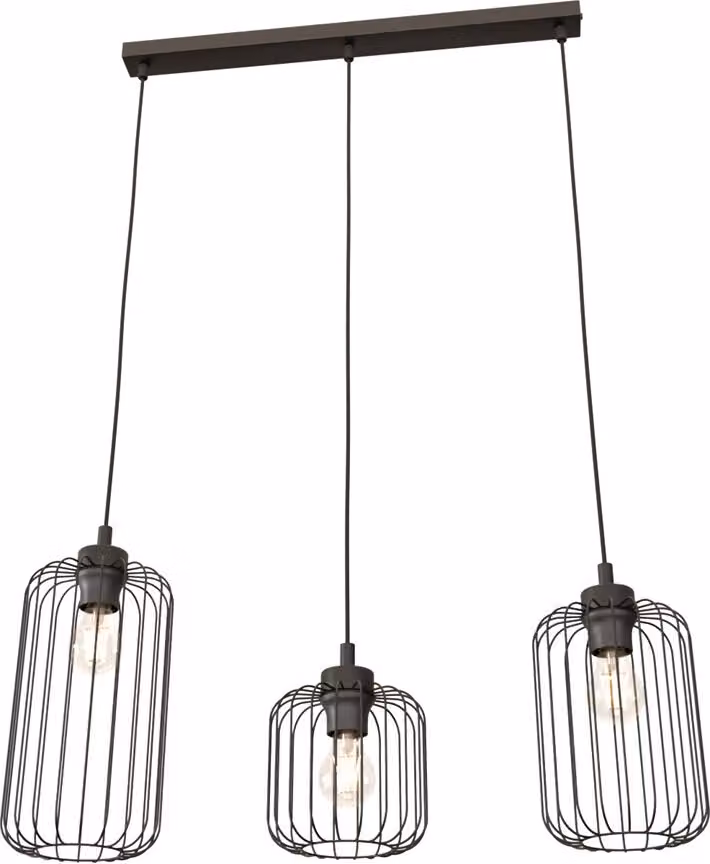 Lampada a sospensione in stile industriale, barra nera, 3 paralumi ovali in filo metallico, regolabile, VANDER 3xE27 15W Emibig