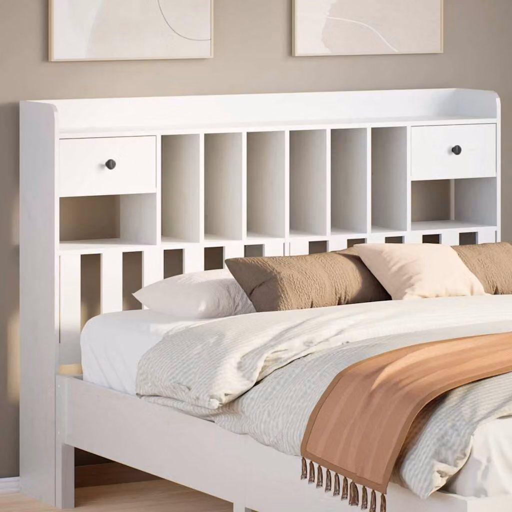 vidaXL Testiera con Ripiani Bianchi in Legno Massello di Pino per Letto 150x200 cm – 1