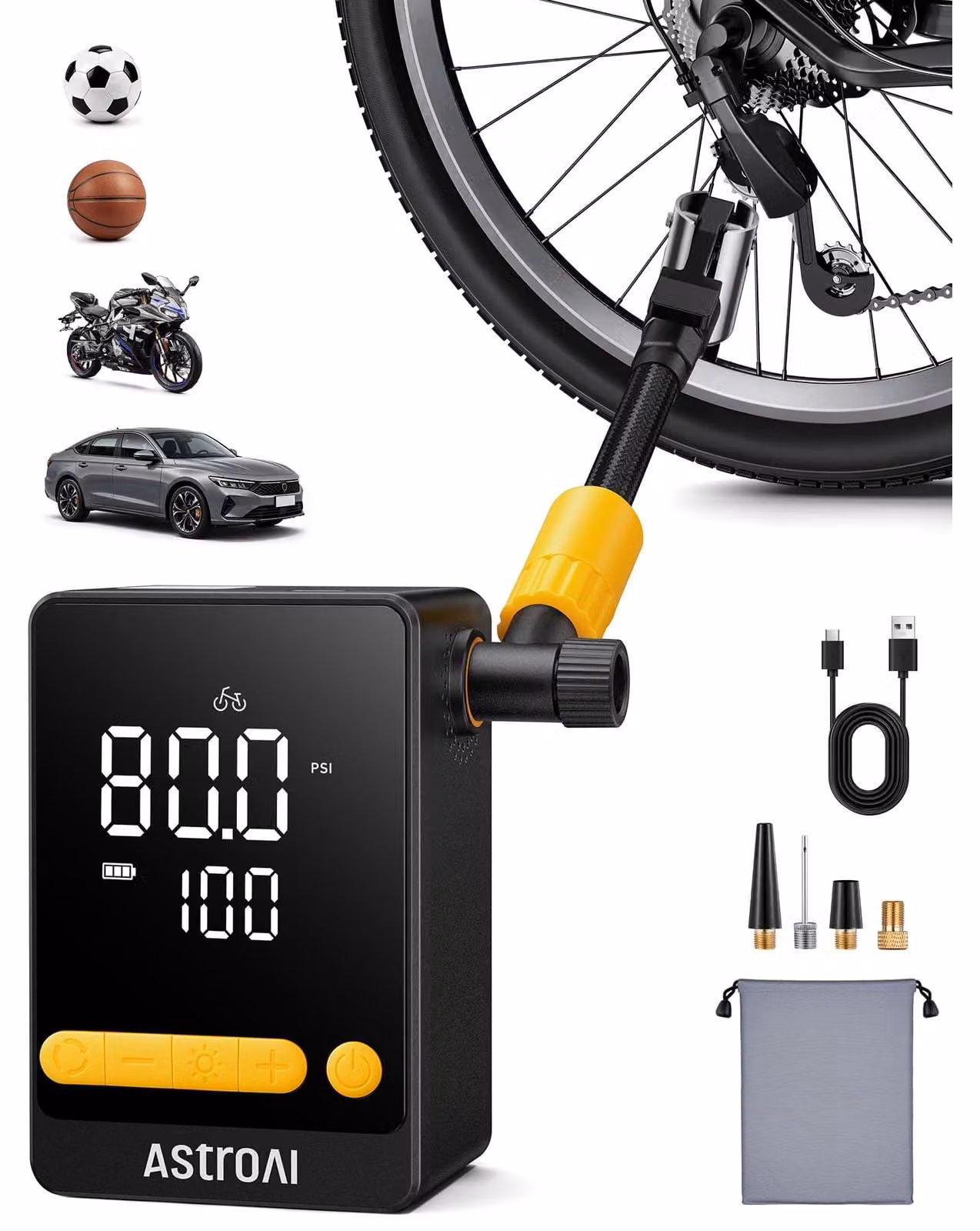 Compressore portatile compressore d'aria pompa per pneumatici - 150 PSI - Senza fili - 30 - 36 PSI - Modalità auto moto bicicletta palloni