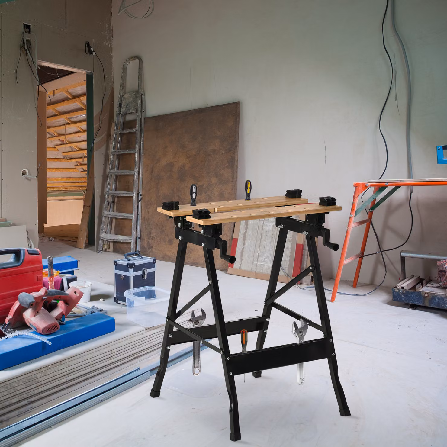 HOMCOM Banco da Lavoro Pieghevole con 4 Morse, Riga e Goniometro, Portata 150 kg, Nero e Legno – 2