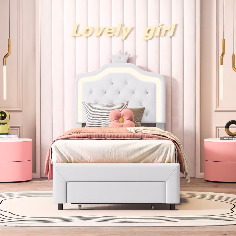 Giroletto "Crown" 90 x 200 cm con illuminazione a LED, testata regolabile e cassetti, bianco