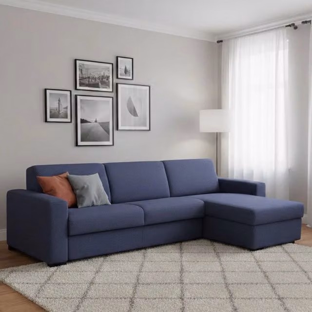 Divano Letto Aika Talamo Italia, Divano ad Angolo con Penisola Contenitore Reversibile e Apertura Girevole, L/P/H: 280 x 95 x 90 cm, Blu
