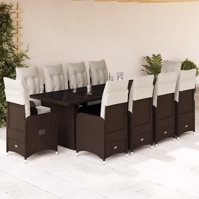 Set Bistrò da Giardino vidaXL 11 pz in Polyrattan Marrone e Bianco con Cuscini e Tavolo in Vetro – 1
