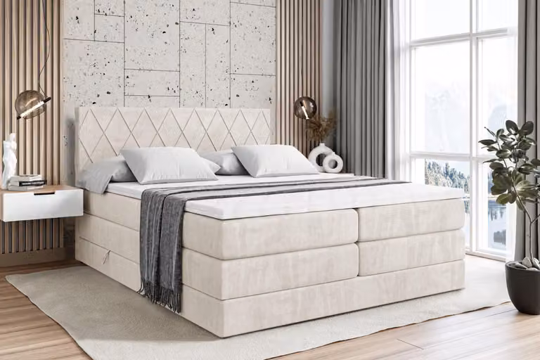 Letto boxspring ALTDECOR con 2 materassi e topper - 180x200 cm - LEPARO KING - Velluto beige - Letto imbottito con materassi H3 e H4, contenitore e rete a doghe, letto con spazio contenitivo