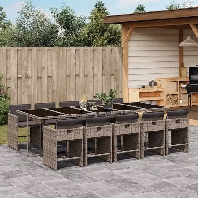 Set da Pranzo da Giardino 11pz con Cuscini in Polyrattan Grigio 3211112