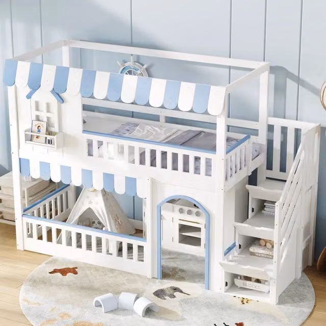 Letto a castello per bambini 90 × 200 cm con scala contenitore, barriere su quattro lati, senza materasso, bianco e blu