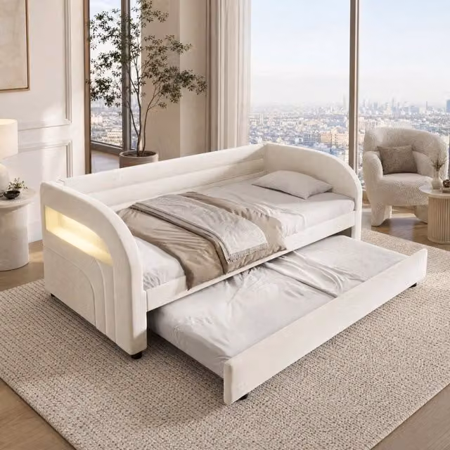 Letto singolo estraibile 90 × 200 cm con LED multicolore, letto aggiuntivo, senza materasso, in flanella, beige