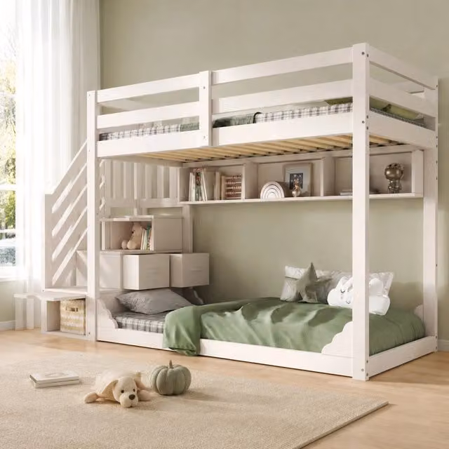 Letto a castello per bambini 90x200 cm bianco con scala-armadio e vani portaoggetti