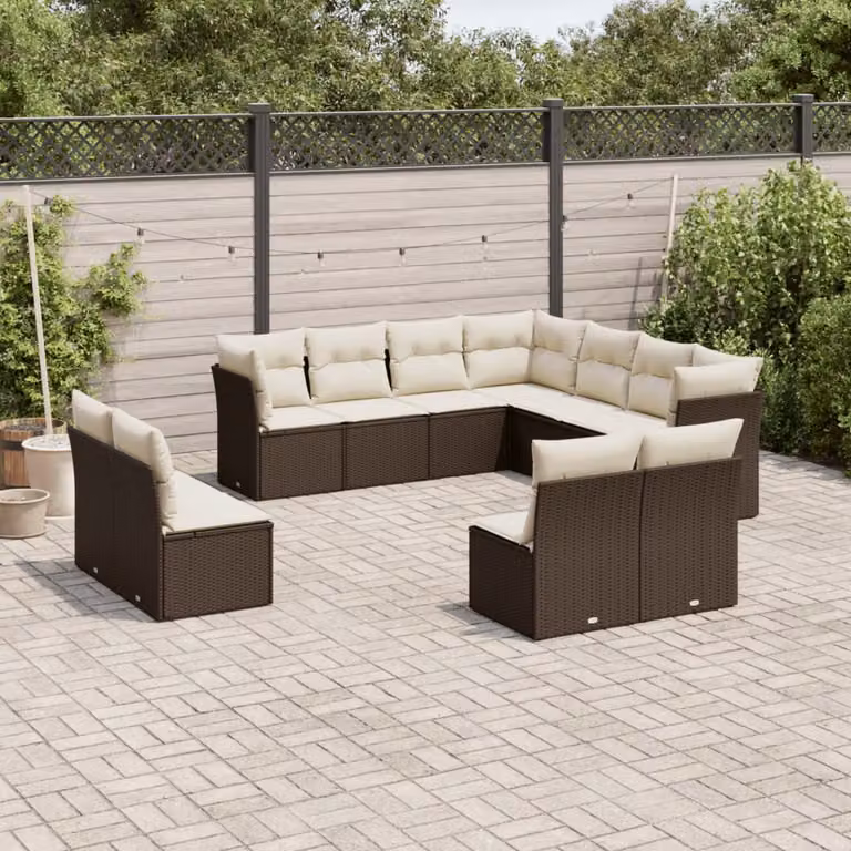 vidaXL Set Divani da Giardino 11 pz a Forma a L con Cuscini Marrone e Bianco in Polyrattan e Metallo