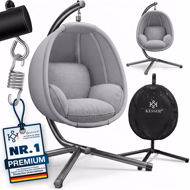 KESSER® Luxe: poltrona sospesa con struttura + morbido cuscino di seduta, imbottitura laterale, cuscini per seduta e schienale; cesto sospeso per interni ed esterni, dondolo da giardino, poltrona sospesa con base stabile, max. 150 kg