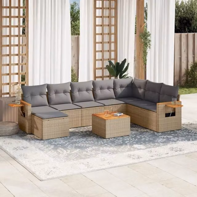 Set Divano da Giardino 9 pz con Cuscini Beige in Polyrattan 3259497