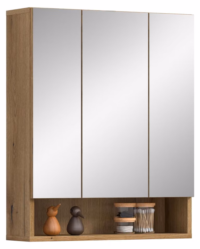Specchio da bagno Aqua, 60x74x18 cm, finitura "Evoke Oak", 3 ante, 6 ripiani