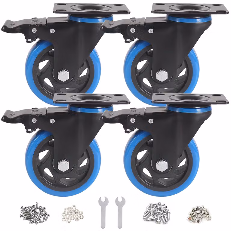 Rotelle pesanti da 100 mm, colore blu, set da 4, con sistema di bloccaggio a 360°, adatte per banchi da lavoro e carrelli portattrezzi