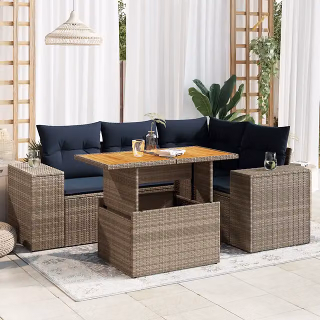Set Divano da Giardino a L vidaXL in Polyrattan con Cuscini e Tavolino, Grigio e Blu – 1