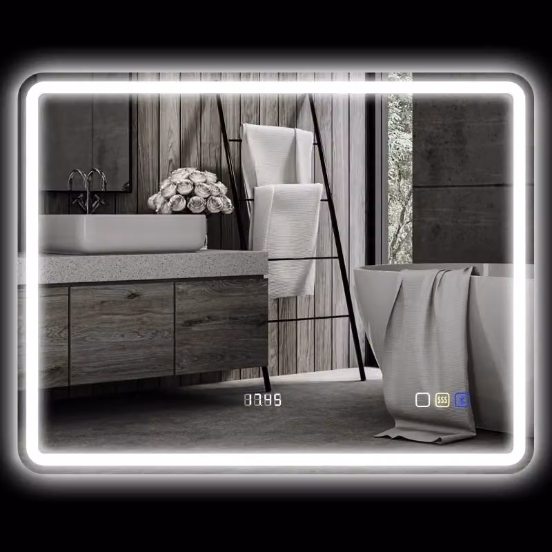 Specchio LED REDOM Silver con Bluetooth, orologio e funzione antiappannamento, L: 70 cm, H: 90 cm – 2