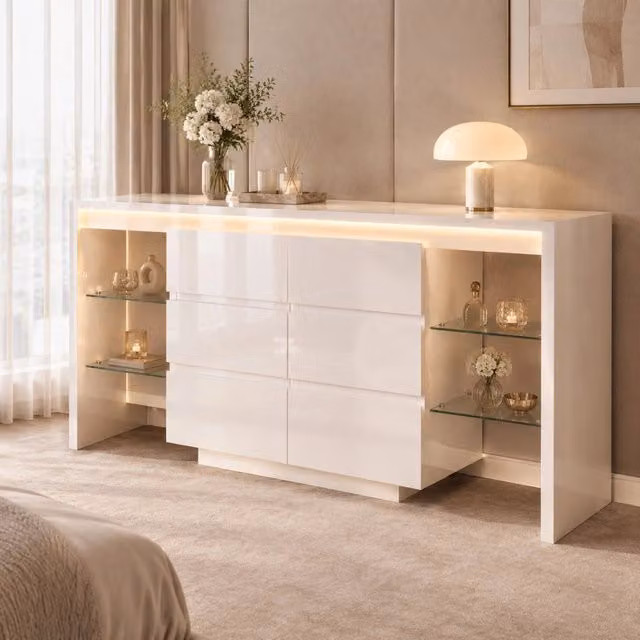 Madia bianca lucida con illuminazione LED intelligente, 6 cassetti e 4 ripiani in vetro, 155x40x80 cm