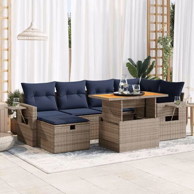 Set di divani da giardino vidaXL in polyrattan e legno di acacia con 7 cuscini, colore nero
