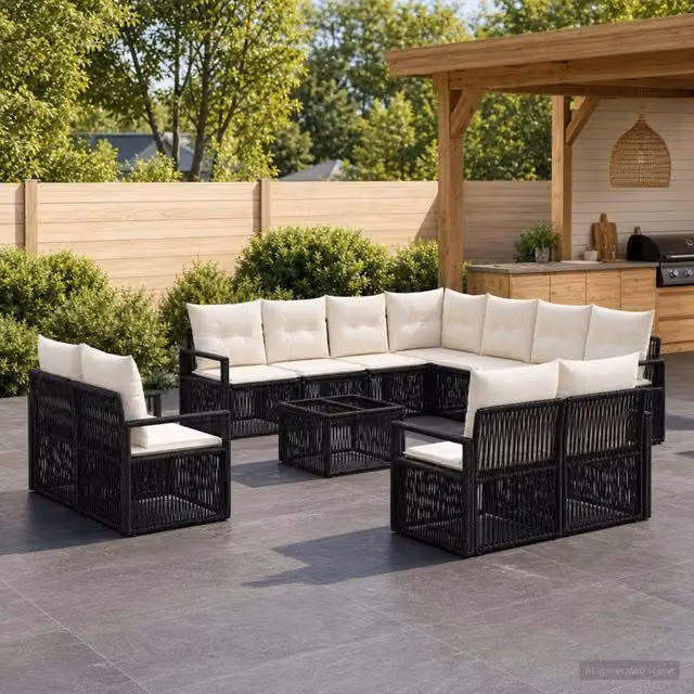 Set Divano da Giardino a Forma a U vidaXL in Polyrattan Nero con Cuscini e Tavolino da Esterno – 1
