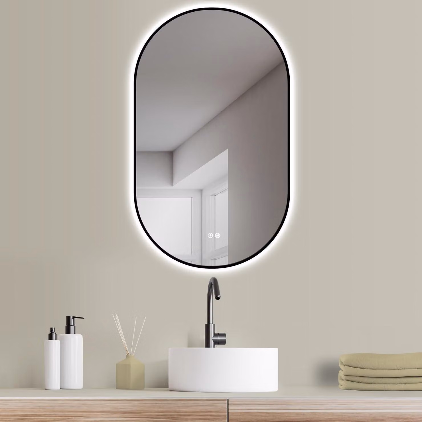 Specchio LED ovale, 50x90 cm, con funzione antiappannamento, cornice nera e dimmerabile
