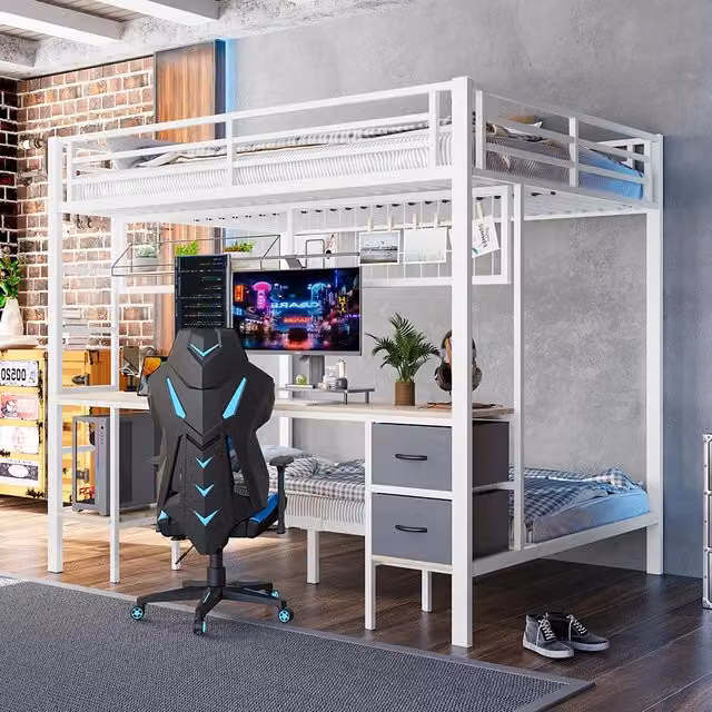 Letto mezzanino 90+140x200cm - Xylo - bianco, USB, LED, scrivania