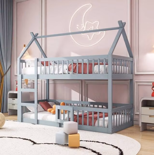 Letto a Castello per Bambini 90x200 cm con Scala, Struttura in Legno Massello Grigia, Design Loft