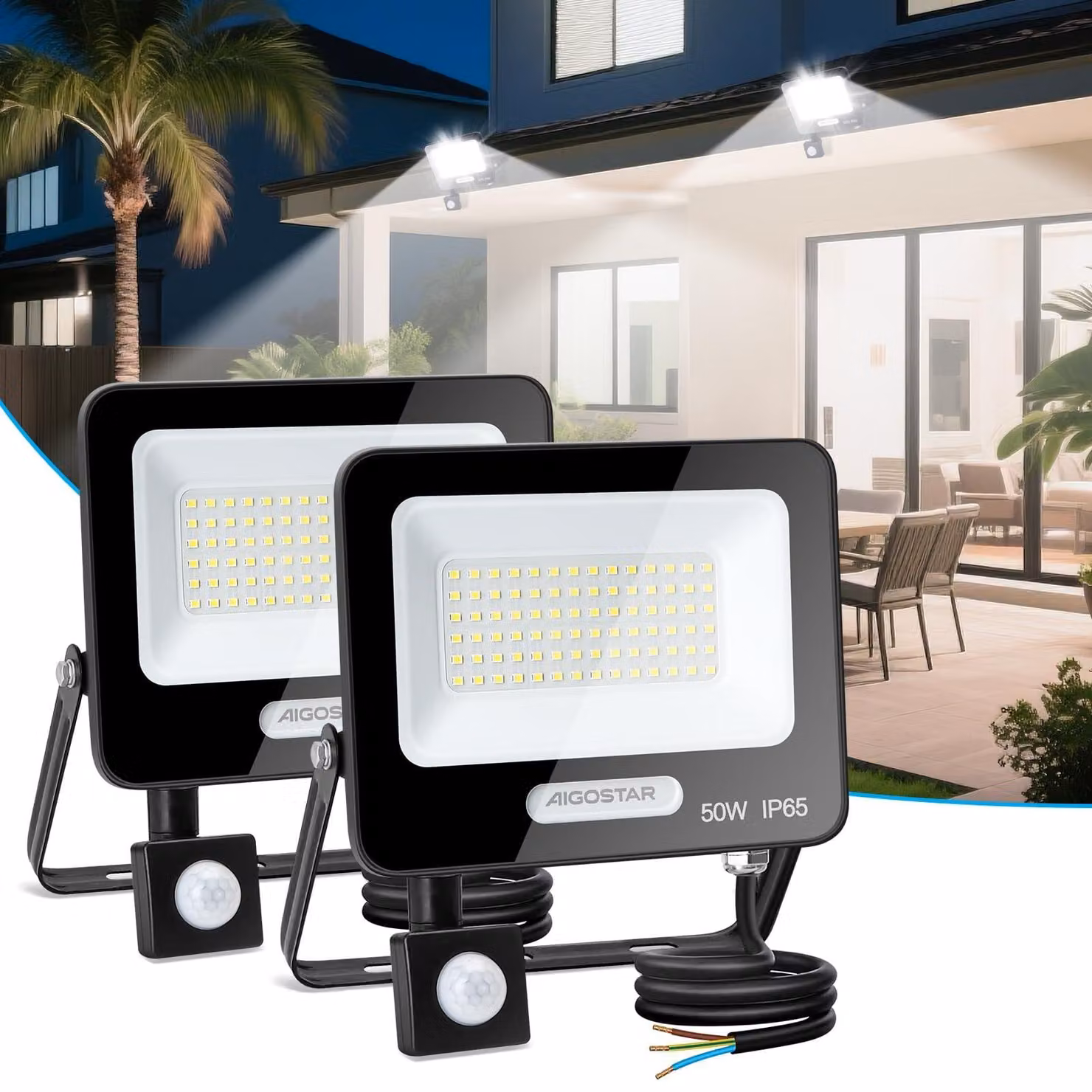 Lampade a LED da esterno, potenza 50W, confezione da 2, 4600 lumen, grado di protezione IP65, luce bianca fredda, con sensore di movimento