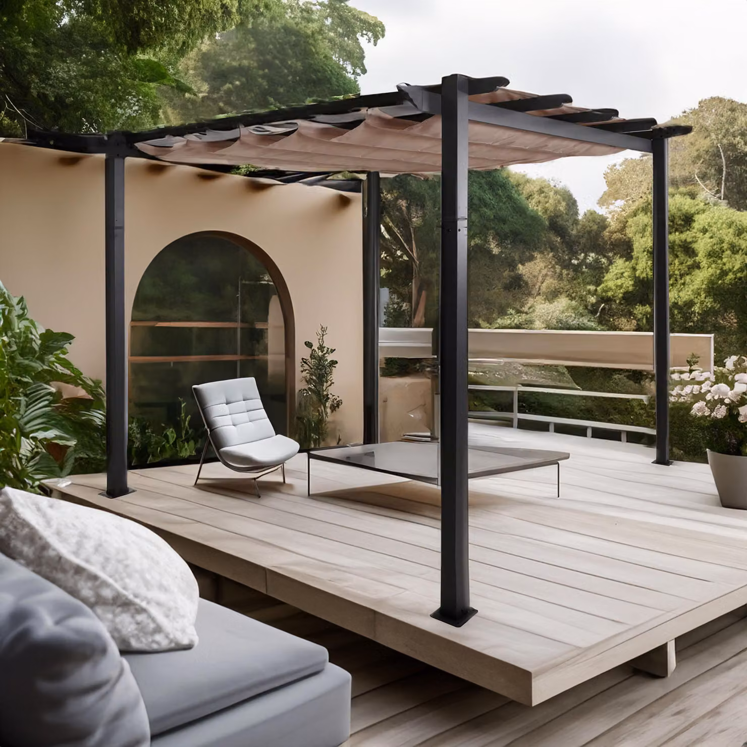 Pergola in alluminio HWC-N93, gazebo da giardino, robusta struttura da 8 cm, tetto scorrevole UV50+ 3x3m ~ grigio