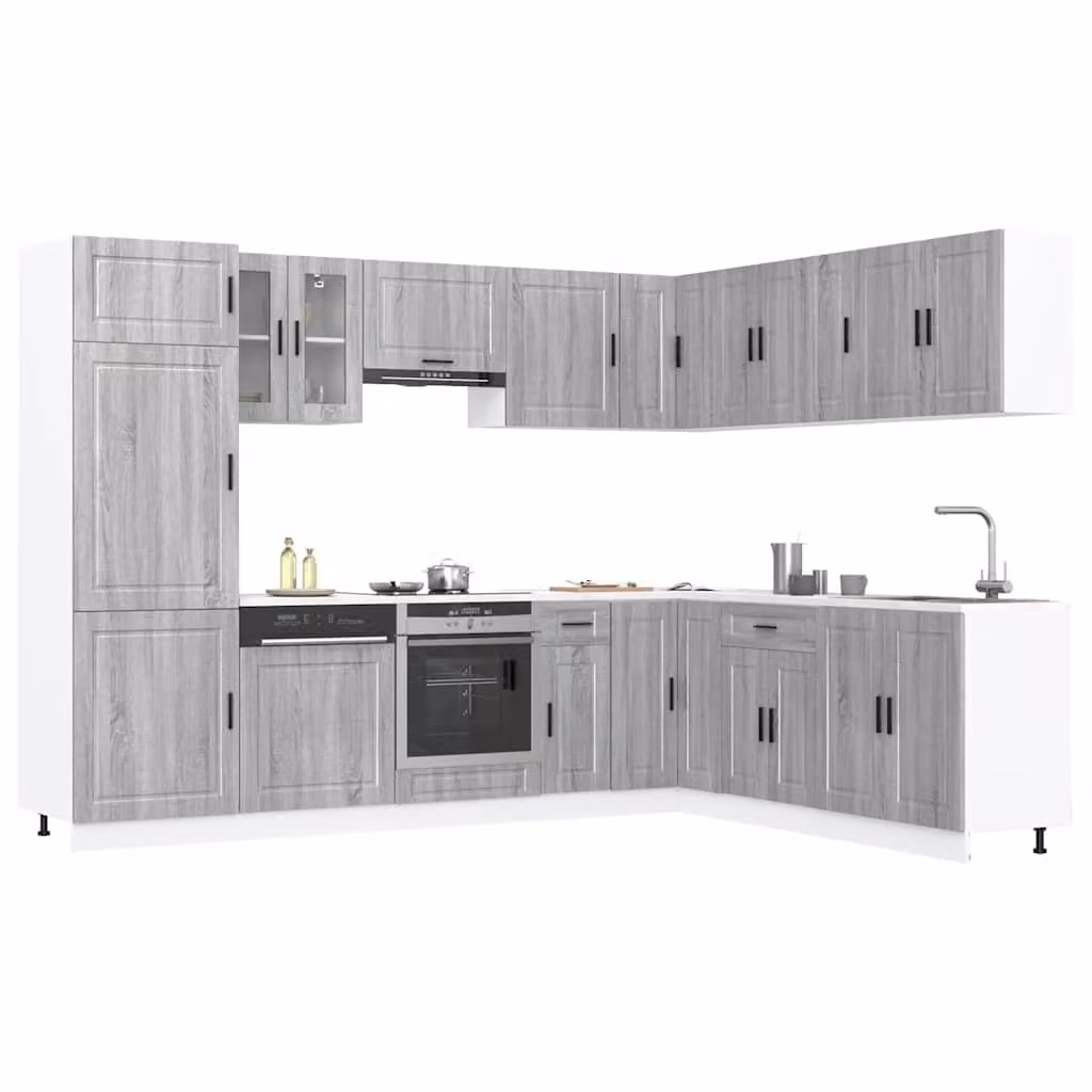 Set di mobili da cucina moderno vidaXL composto da 14 pezzi in colore grigio con dettagli in legno e vetro