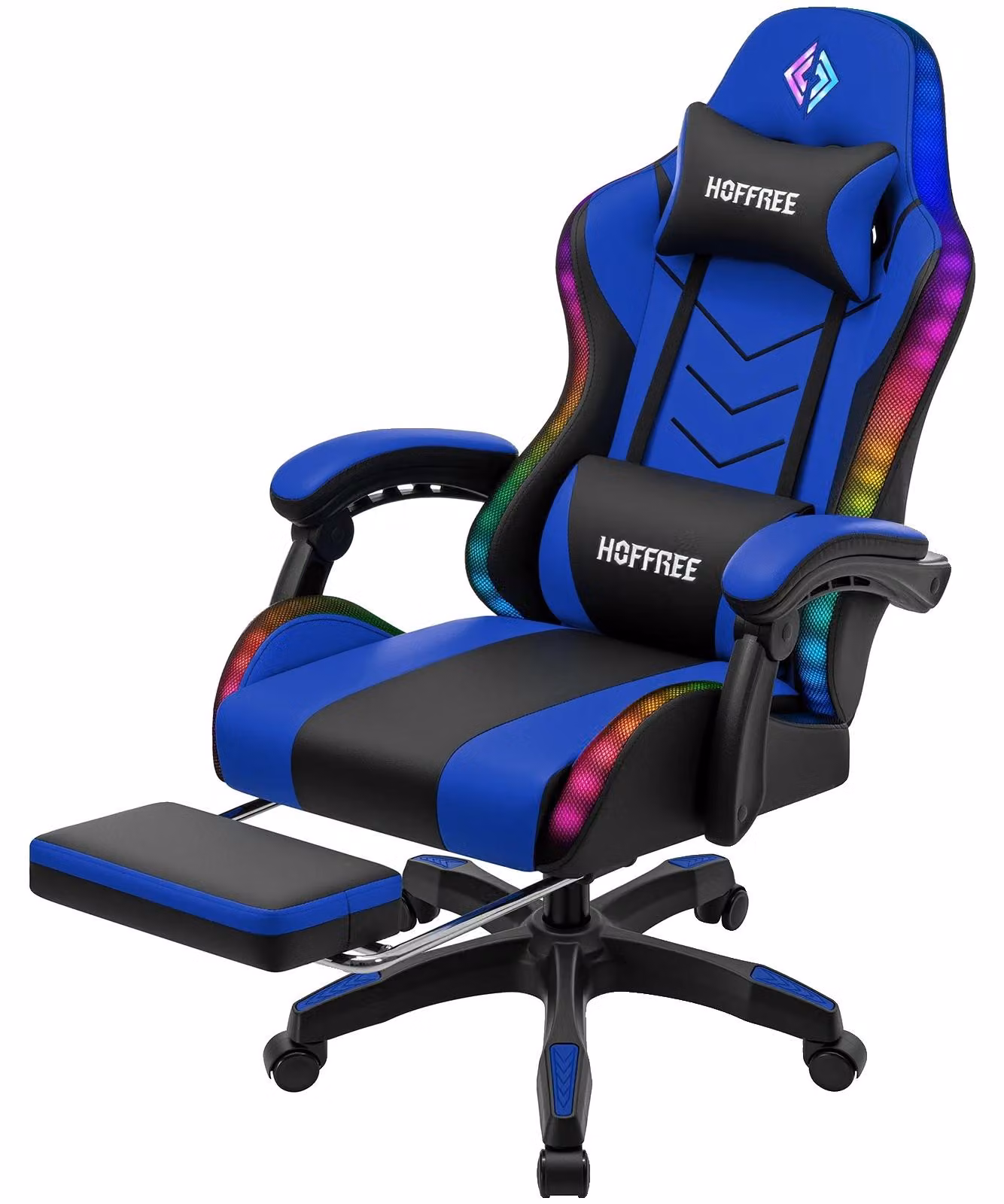Sedia da gaming, design ergonomico, luci LED RGB, blu