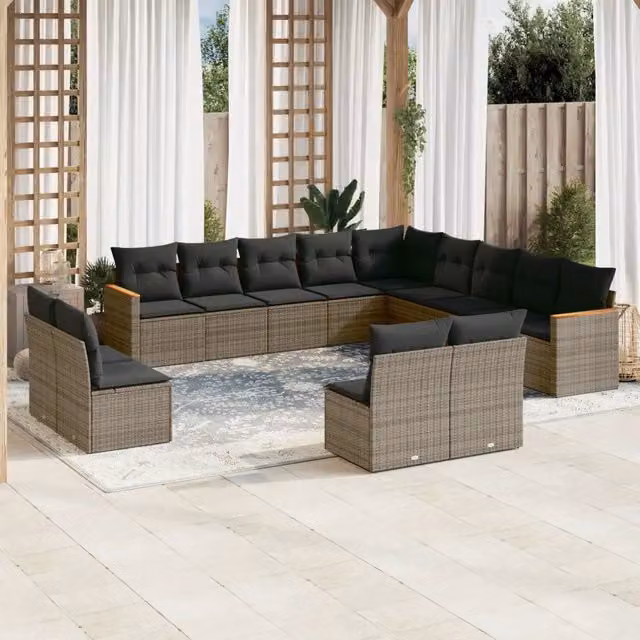 Set di divani da giardino a forma di U VIDAXL in polyrattan grigio con 13 pezzi e cuscini inclusi – 1
