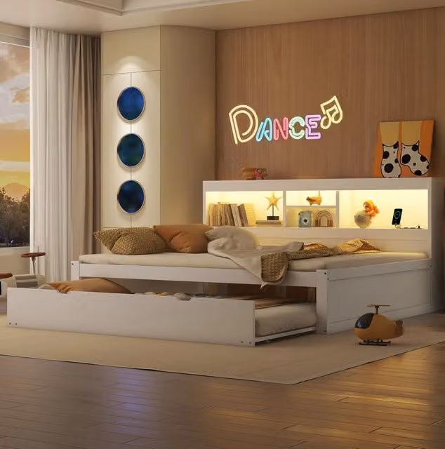 Schlafsofa / Daybett 140x200 cm con illuminazione LED; letto estraibile; prese USB e vano laterale; bianco