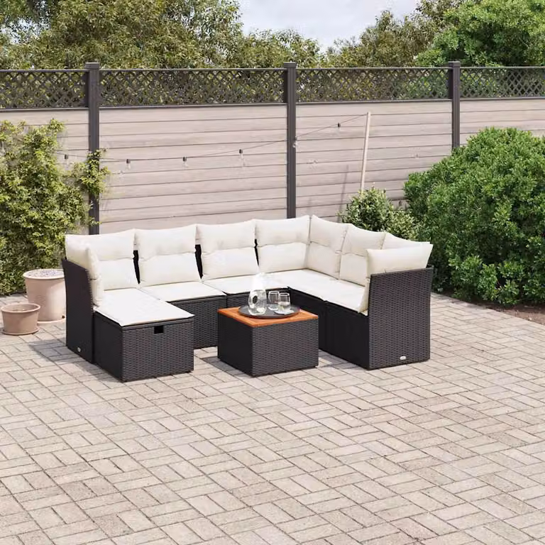 vidaXL Set Divani da Giardino a L con Cuscini 8 pz Nero in Polyrattan e Acciaio