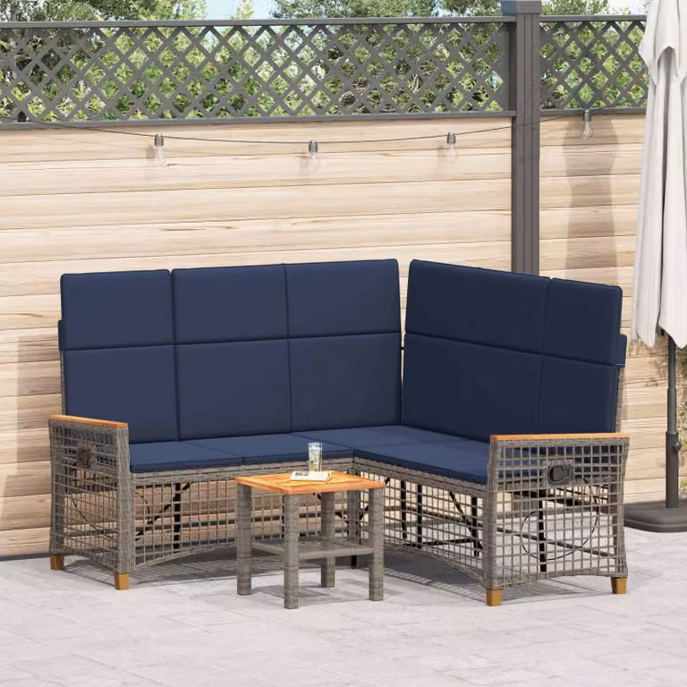 Set di divani da giardino vidaXL a forma di U con 5 posti, colore grigio e blu, struttura in metallo e rattan con cuscini imbottiti e poggiatesta regolabile