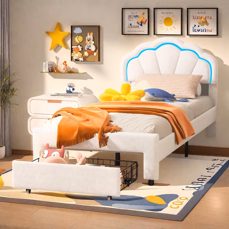 Letto imbottito Fortuna Lai 90x200 cm, letto per bambini LED con testata a fiore, rete a doghe, velluto, bianco