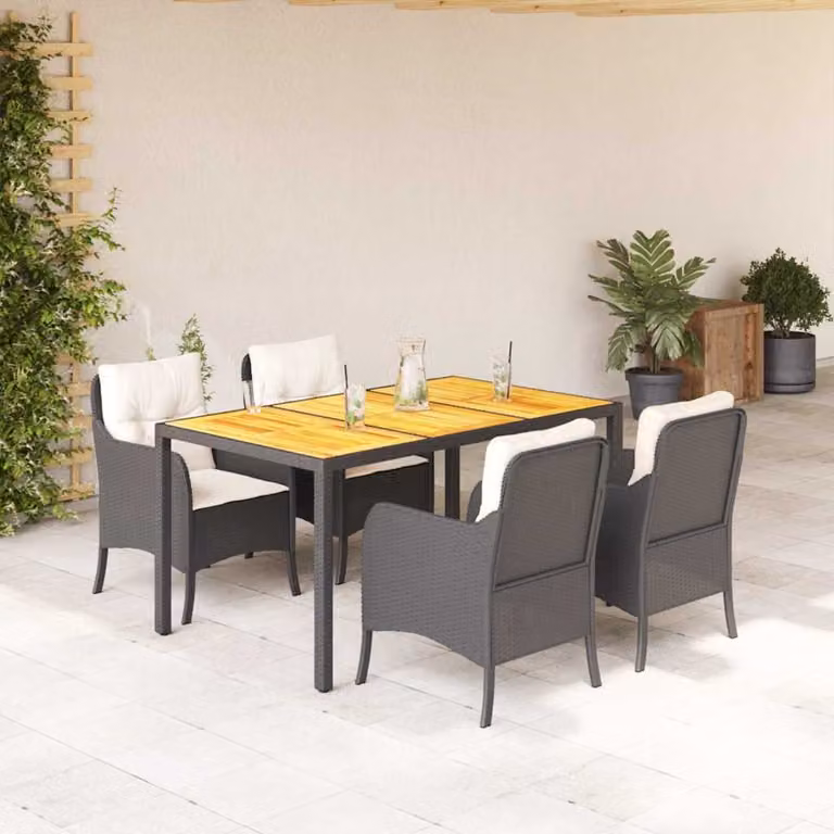 Set da Pranzo da Giardino Moderno vidaXL in Legno di Acacia e Metallo Nero con Cuscini Bianchi