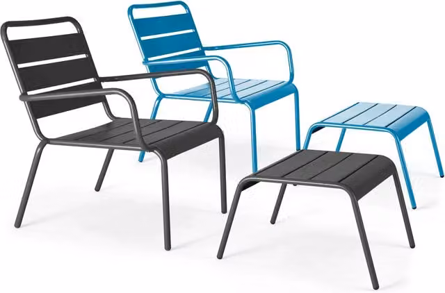 Oviala - Lotto di 2 poltrone relax con poggiapiedi grigio e blu pacifico
