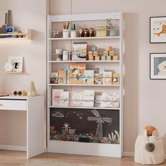 Libreria, espositore, libreria per la cameretta dei bambini, mobile con 4 ripiani, nero, bordi smussati, salvaspazio, 100x10x180 cm