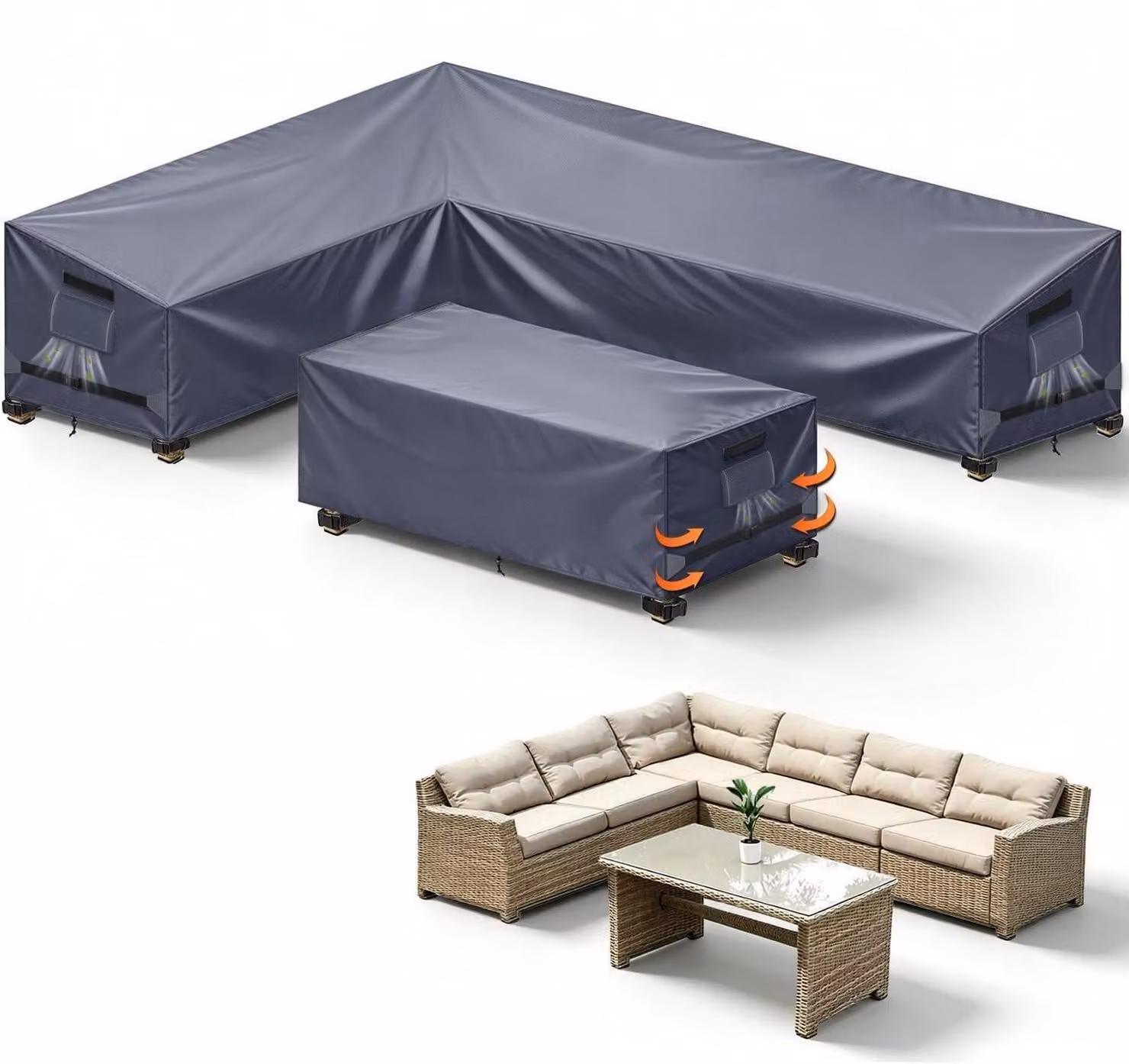 Copertura impermeabile per mobili da giardino, forma a L, colore grigio, dimensioni 222x286x78 cm