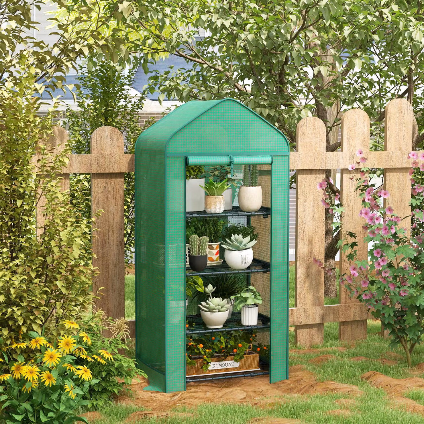 Outsunny Serra per Orto da Giardino con 4 Ripiani in Metallo e Copertura in PE, L 69 cm x P 49 cm x H 158 cm, Verde Scuro – 2