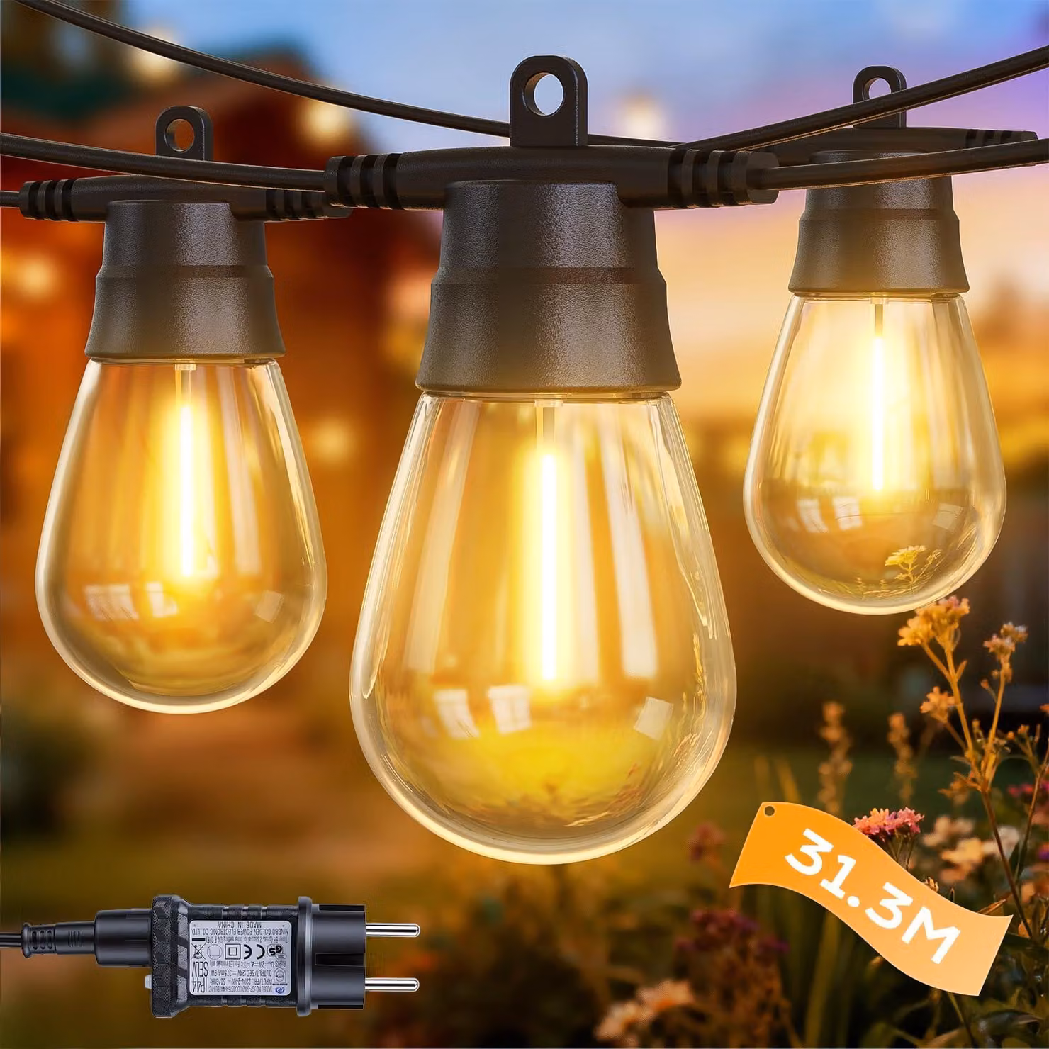 Catena luminosa a LED, lunghezza 31,3 metri, 32 lampadine, grado di protezione IP65, 8 modalità, luce bianco caldo