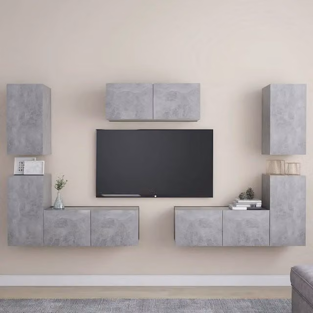 Set di Mobili Porta TV 7 pz-Set di 7 Credenza per TV Grigio Cemento in Legno Multistrato 653099