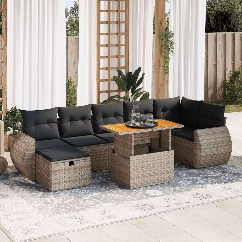 Set Divano da Giardino a L vidaXL in Polyrattan e Legno di Acacia Grigio con 5 Pezzi e Cuscini